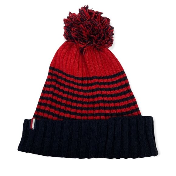 NEW Tommy Hilfiger Blue Red Striped Ribbed Knit Pom Pom Hat Toque Beanie Winter - Picture 6 of 7